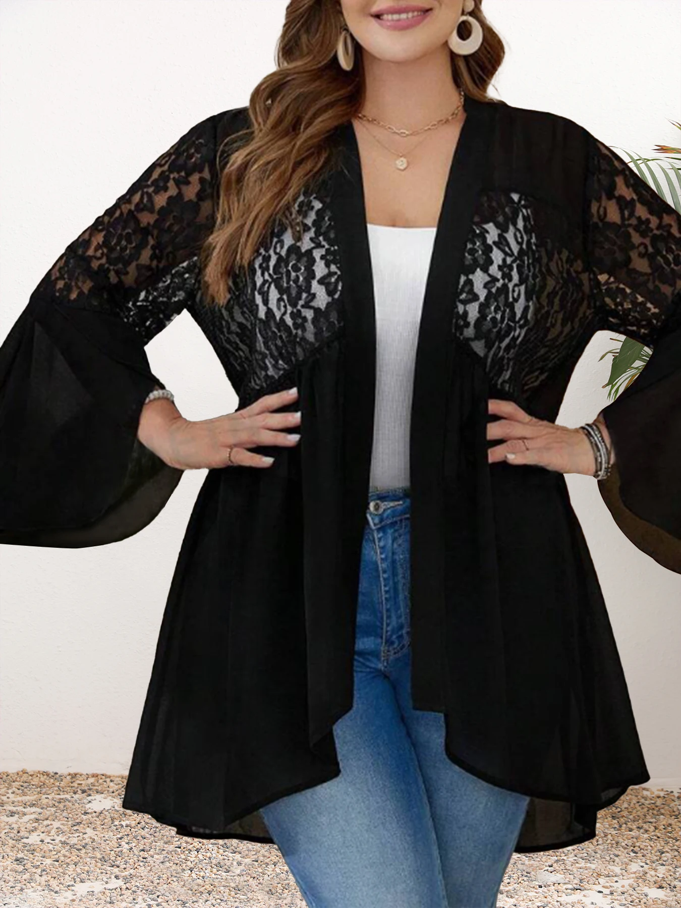 

Women's Plus Size Lace Cardigans Hollow Out Transparent Chiffon Patchwork Casual Vintage Flare Sleeve Blouse Tops Autumn Shirts