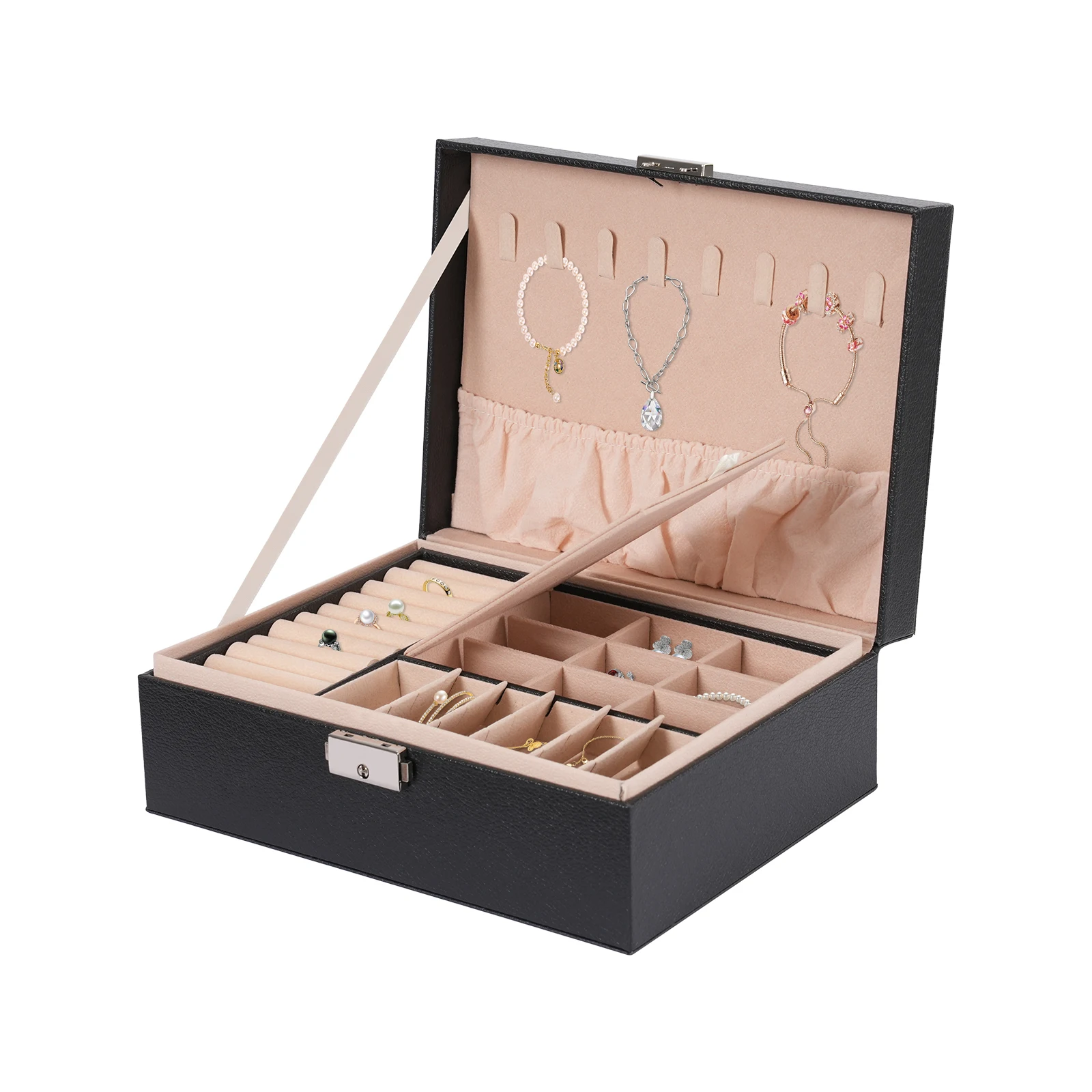 2-lagige abschließbare Schmuckaufbewahrungsbox mit herausnehmbaren Trennwänden, Schreibtisch-Organizer für Ringe, Ohrringe, Armbänder, Halsketten, Broschen, für den täglichen Schmuckaufbewahrungszweck auf dem Schminktisch zu Hause. – Detail 21
