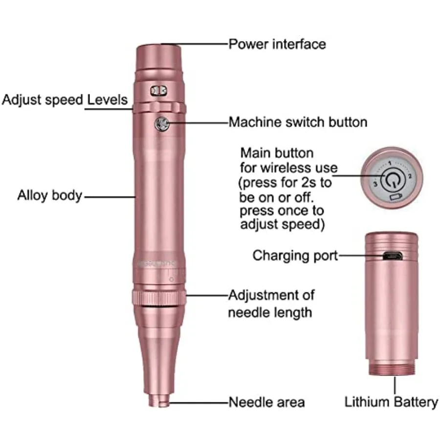 آلة الوشم الدوارة لقلم ماكياج دائم مع بطارية قابلة للشحن و10 قطع إبر لكحل الحاجب الاحترافي والشفاه T