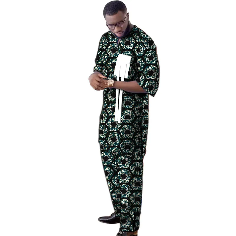 

African Couture Men's Pant Set 3/4 Sleeve Tops Pocket Decorated Tailored Nigerian Fashion Male Wedding National Costume