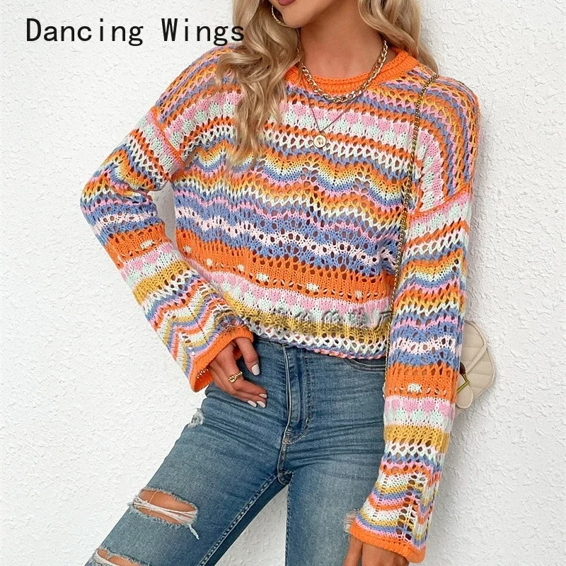 Rainbow Sweater Autumn Winter Women Casual Round Neck Long Sleeve Loose Pullovers Lady Fashion Patchwork Knitted Sweater