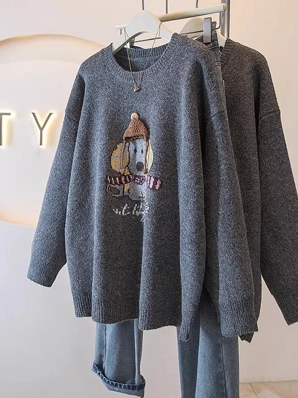 

Warm Autumn Winter Knitted Sweater Women's Casual Outerwear Large Size Loose Fit Comfortable Dog Patterned Lazy Sle Top