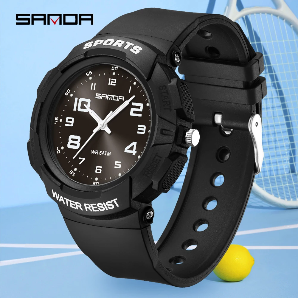 Sanda 2026 Fashion Design Soft Student Watch TPU Strap 50M Deep Waterproof Quartz Sports Children's Sports Watch 9074