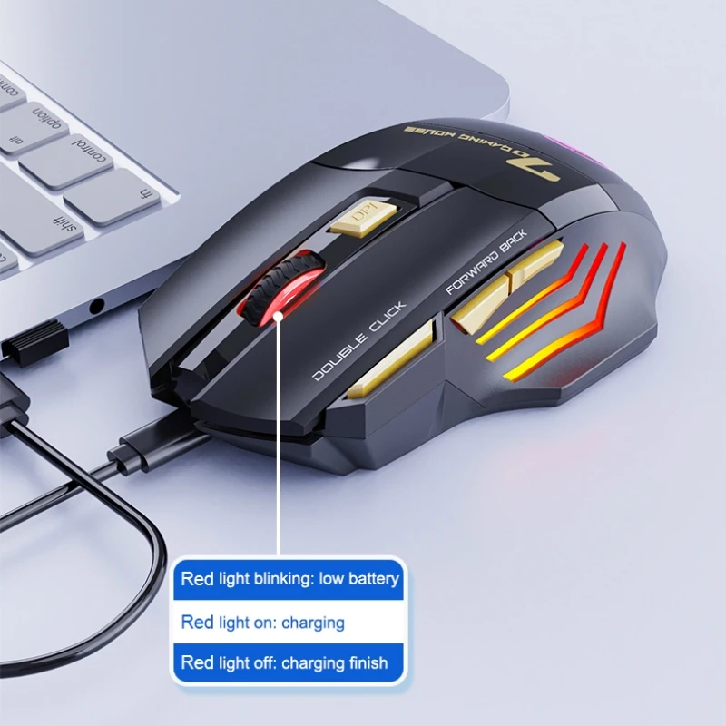 ワイヤレスゲーミングマウス USB 3200DPI デュアルモード充電式 7 キー 2.4 グラム Bluetooth サイレントマウス人間工学に基づいた呼吸 LED E スポーツマウス