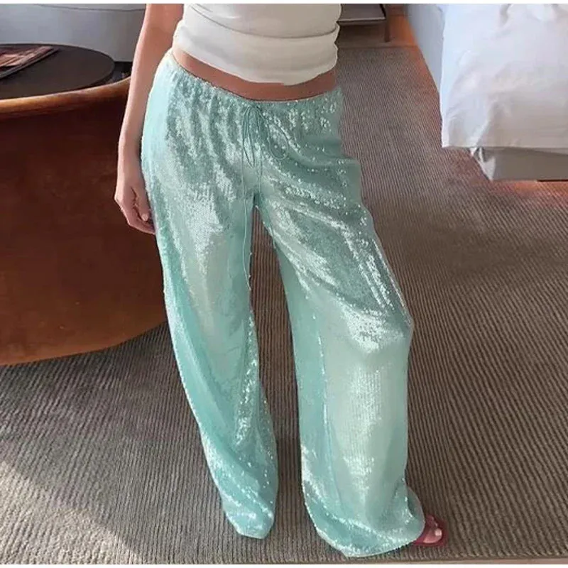 Pantalones rectos con lentejuelas lisas a la moda para mujer, pantalones holgados de cintura alta y pierna ancha, pantalones elegantes Y2K de verano para mujer