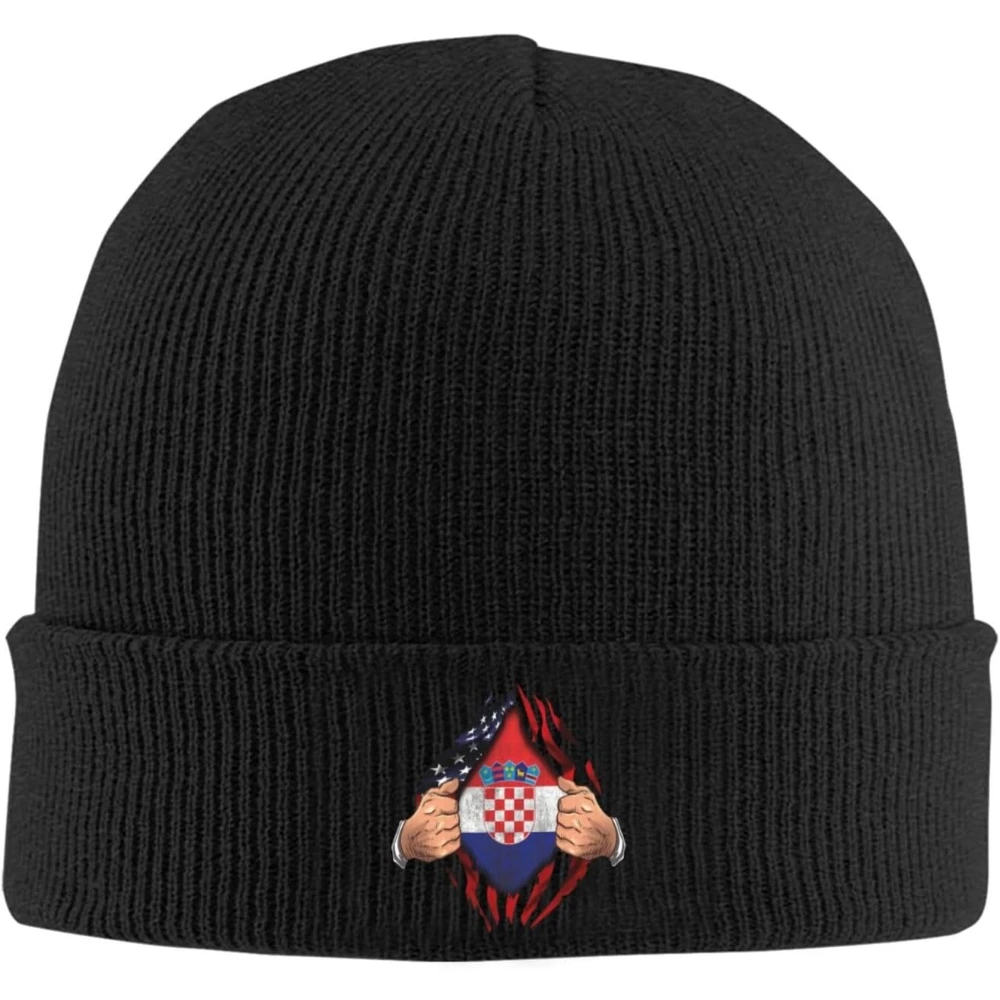 

America and Croatian Flag Hat Knitted Winter Funny Beanie for Men Women Cute Knit Cap One Size Print Soft Warm Winter Hat
