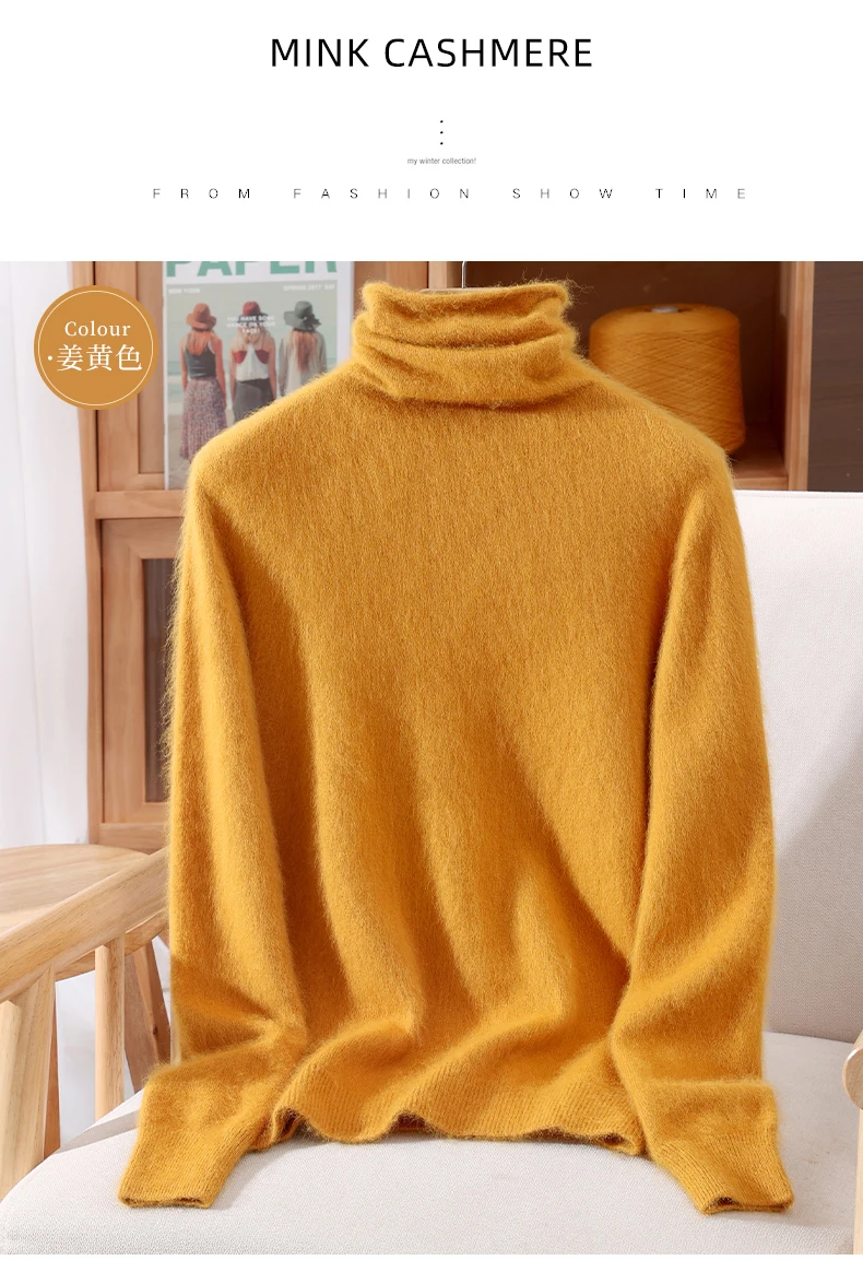 100% Pure Mink Fur Sweater Women's Pullover High Neck Knitted Sweater Autumn Winter New Item Pile Collar Thick Soft Base Sweater