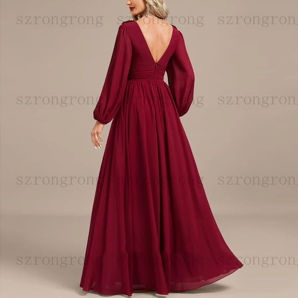 التخصيص الخامس الرقبة فساتين السهرة الطية الجانب الشق كم كامل ثنيات Ruched الشيفون فستان حفلات بسيط طويل فستان وصيفة الشرف