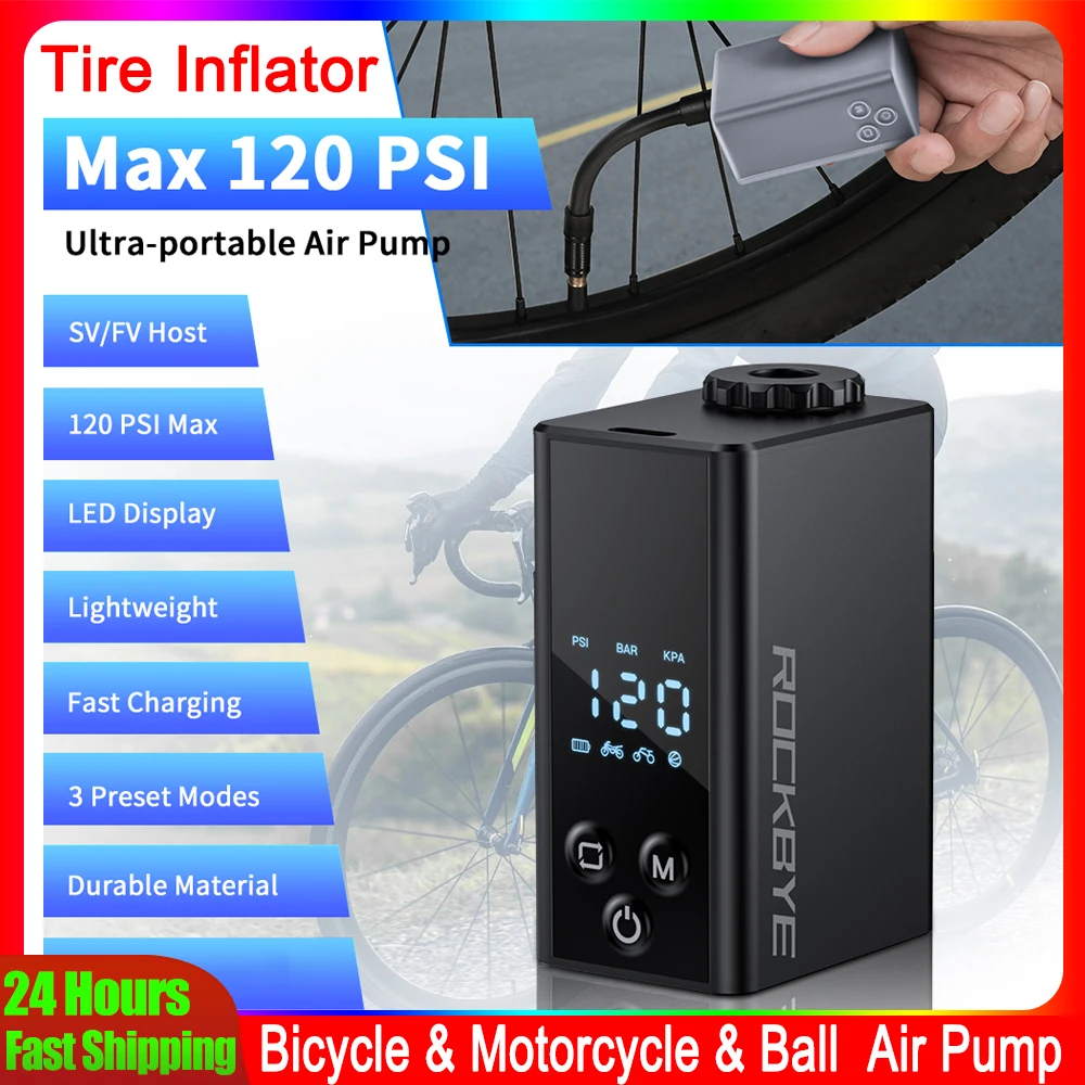 Rockbye مضخة دراجة كهربائية صغيرة 120 رطل لكل بوصة مربعة نوع-C قابلة للشحن منفاخ هواء محمول AV FV صمام ملحقات دراجة الطريق الجبلية