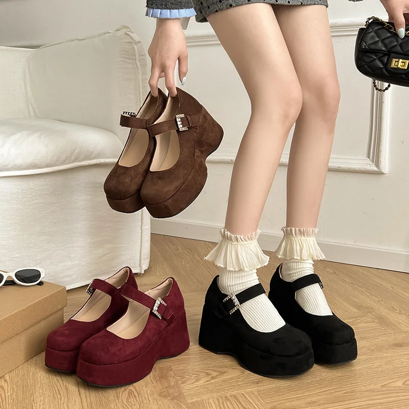 

Spring 2025 Thick Heel Mary Janes Women's Fashion Velvet Diamond Buckle Flat Shoes Large Size Casual Comfortable Footwear