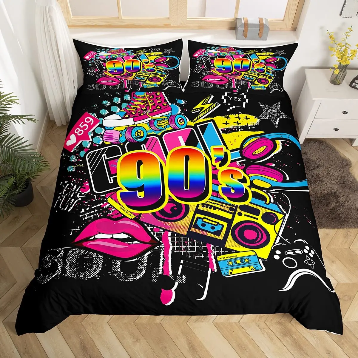 Hip Hop 90s Graffiti Full Size Duvet Cover,Vintage Roller Skating Bedding Set for Kids Teens,Hippie Music Headset Quilt Cover