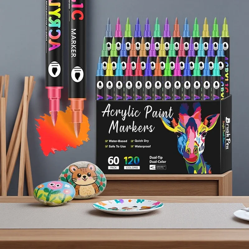 

120Color Dual Tip Acrylic Paint Markers, Double Color Acrylic Paint Pens for Rock Painting, Ceramic, Stone, Wood, Canvas, Stone