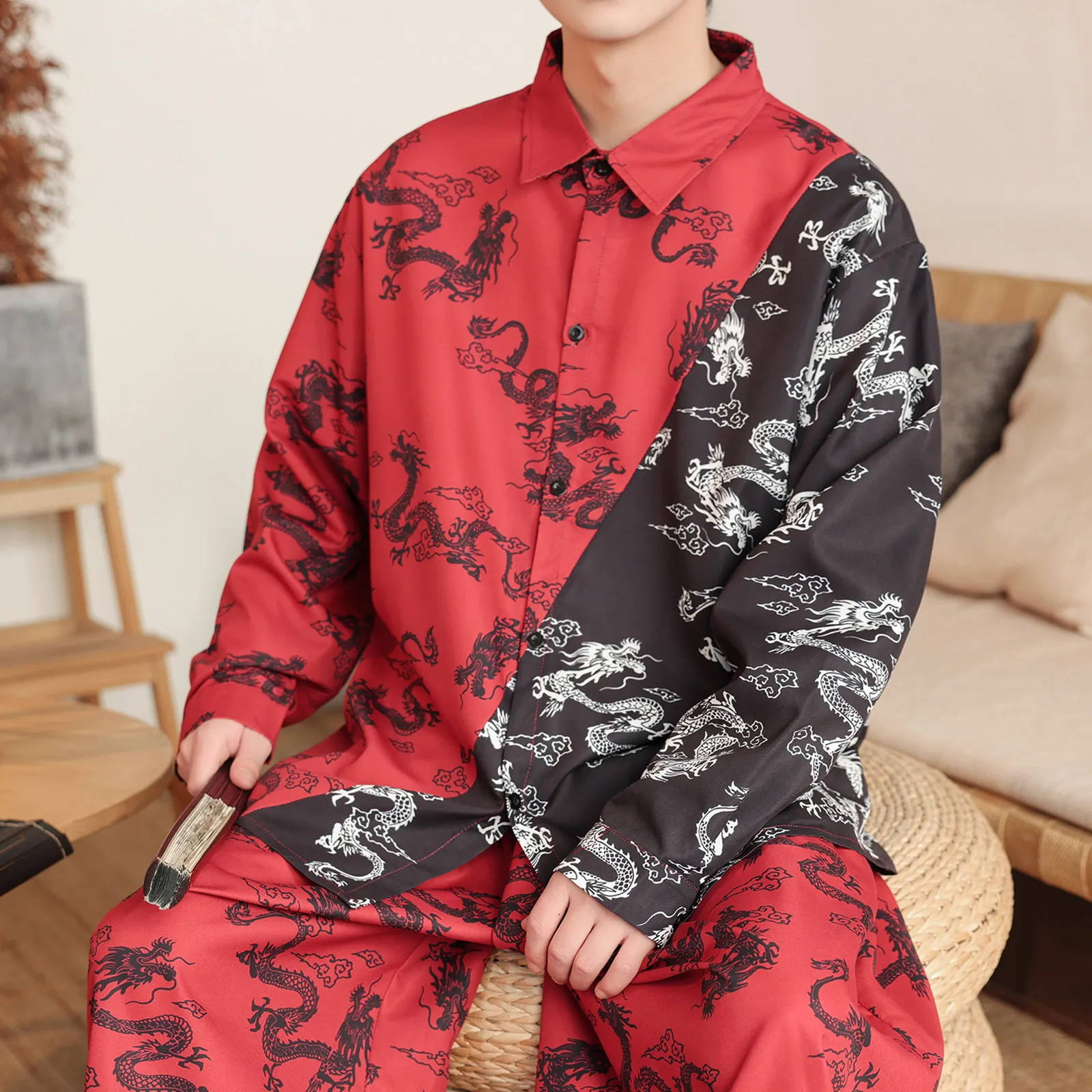Chinese Style Shirts Men New Retro Dragon Red Casual Comfortable Shirts Men's Loose Kung Fu Tai Chi Traditional Blouses Clothing