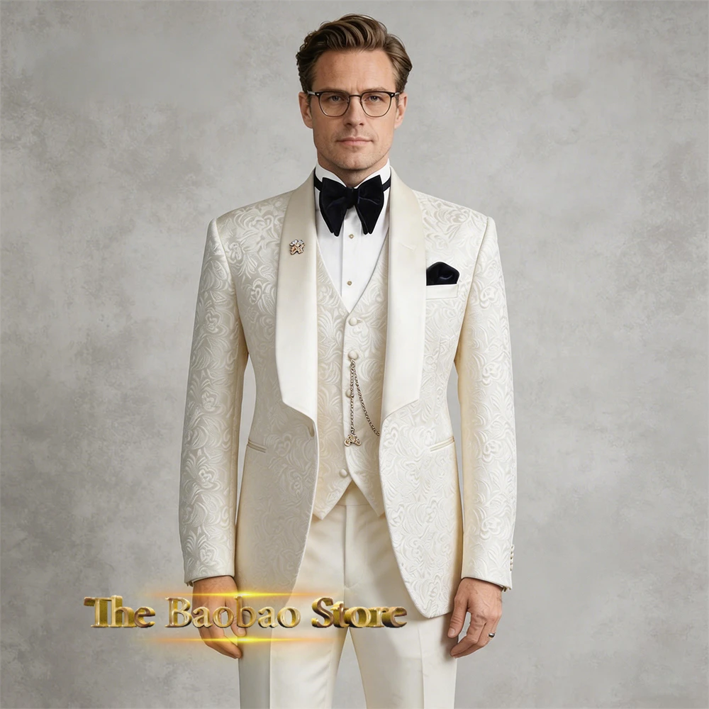 Premium Men's Wedding Suit 3pcs Set Cream White Jacquard Jacket Vest Pants Custom Tuxedo for Groom Banquet Prom Performance