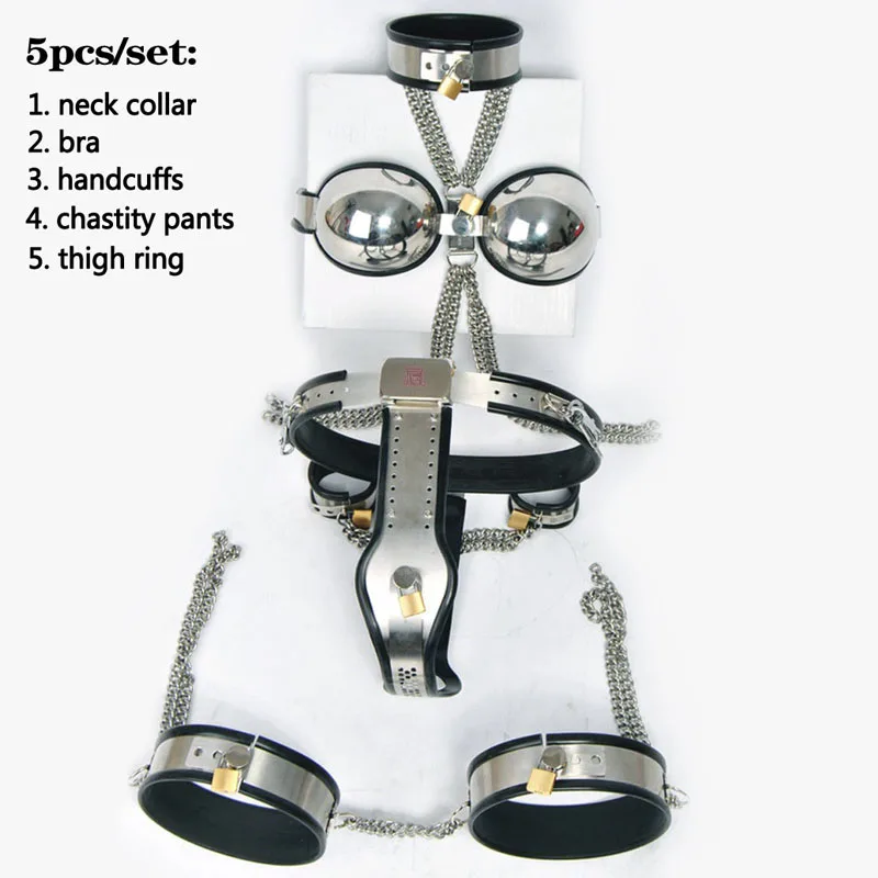 Female Chastity Belt BDSM Bondage Set Neck Collar Bra Handcuffs Chastity Lock Pants Thigh Ring Sex Toys For Woman Adult Games