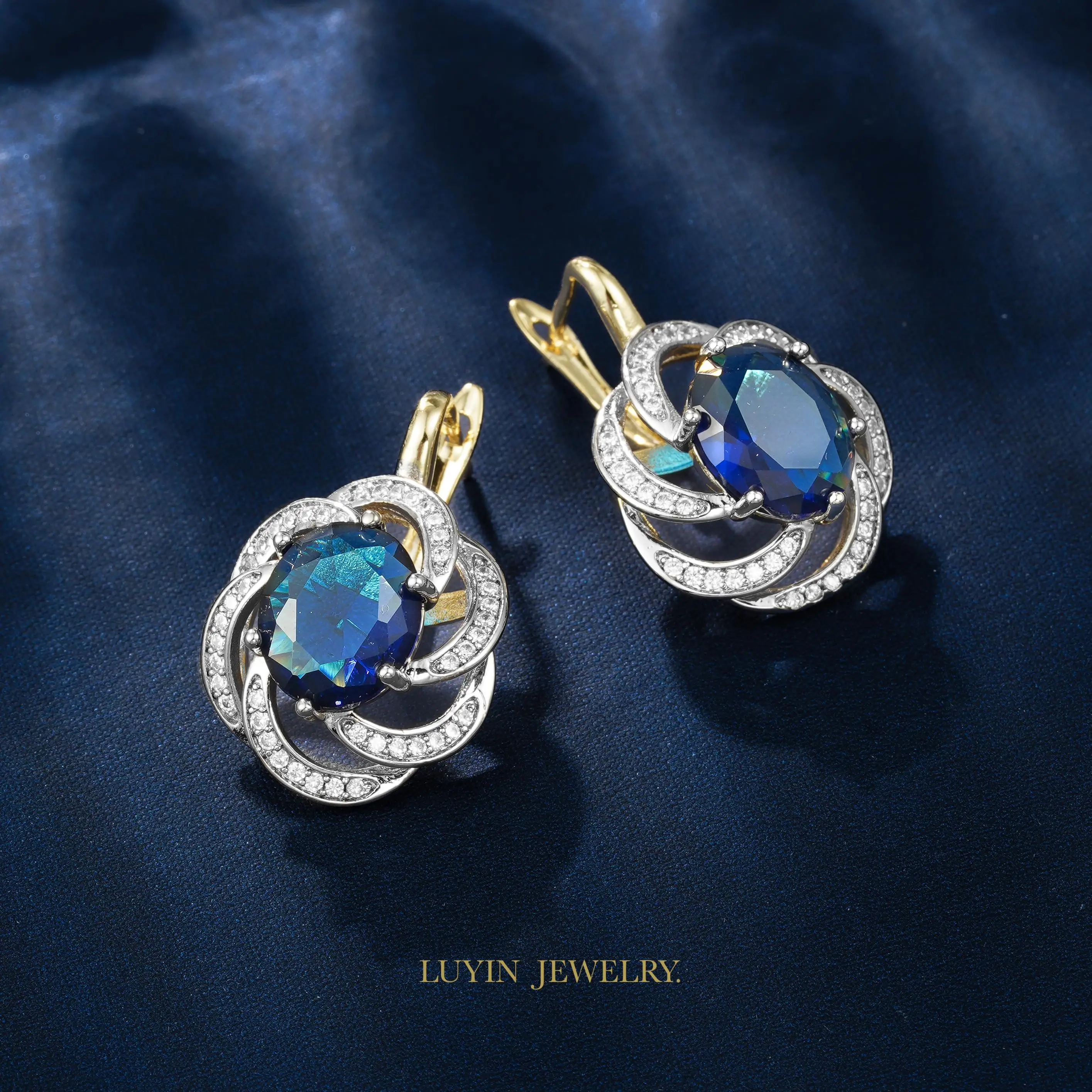 LUYIN 2025 Trending  Jewelry Set Blue Stone Earrings Ring For Women Copper Plated 14 K Gold 2 Color Daily Party Fine Accessories