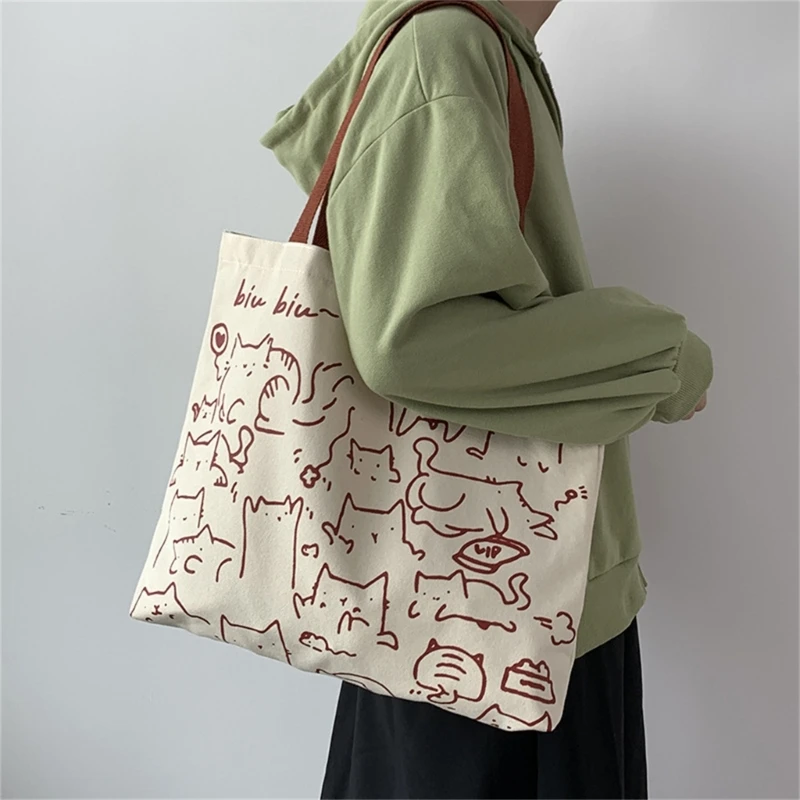 

Women Canvas Shopping Bag Cute Cartoon Animal Pattern Casual Tote Reusable Foldable Shoulder Bag Large Capacity Grocery Handbag