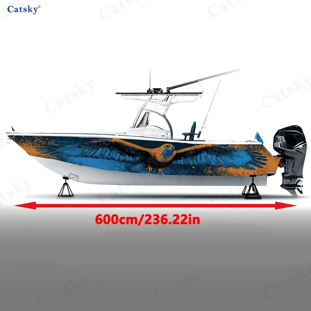 Splatter Ink Style Blue-Orange Eagle Boat Sticker, PVC Waterproof Vinyl Wrap Decals for Fishing Boat, Durable and Stylish Design