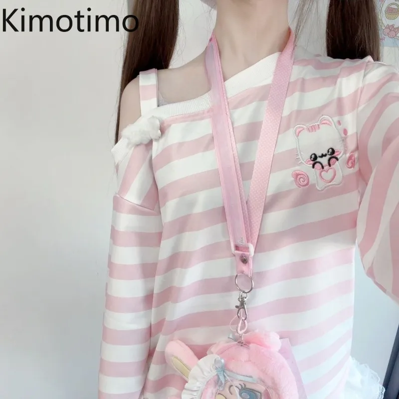 

Японские свитшоты Kimotimo с полосатым принтом в стиле кавайи, женские свободные топы с открытыми плечами и длинными рукавами, милые повседневные топы в стиле Y2K, уличная одежда в винтажном стиле