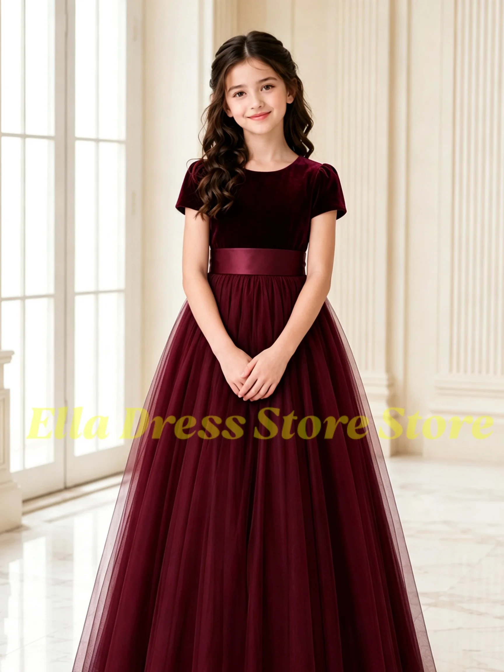 Maßgeschneidertes Blumenmädchenkleid für Hochzeiten, Kurzarm, Hohe Taille, Bodenlang, Elegantes Kinder-Geburtstagskleid, Erstkommunionkleid – Detail 3
