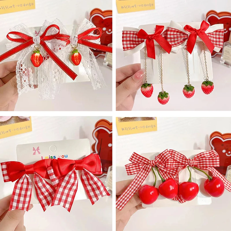 Red Cherry Cloth Bow Girls Hair Clip Plaid Lace Bow Ribbon Strawberry Cherry Hairpin Kawaii Side Bangs Clip Barrettes Headwear