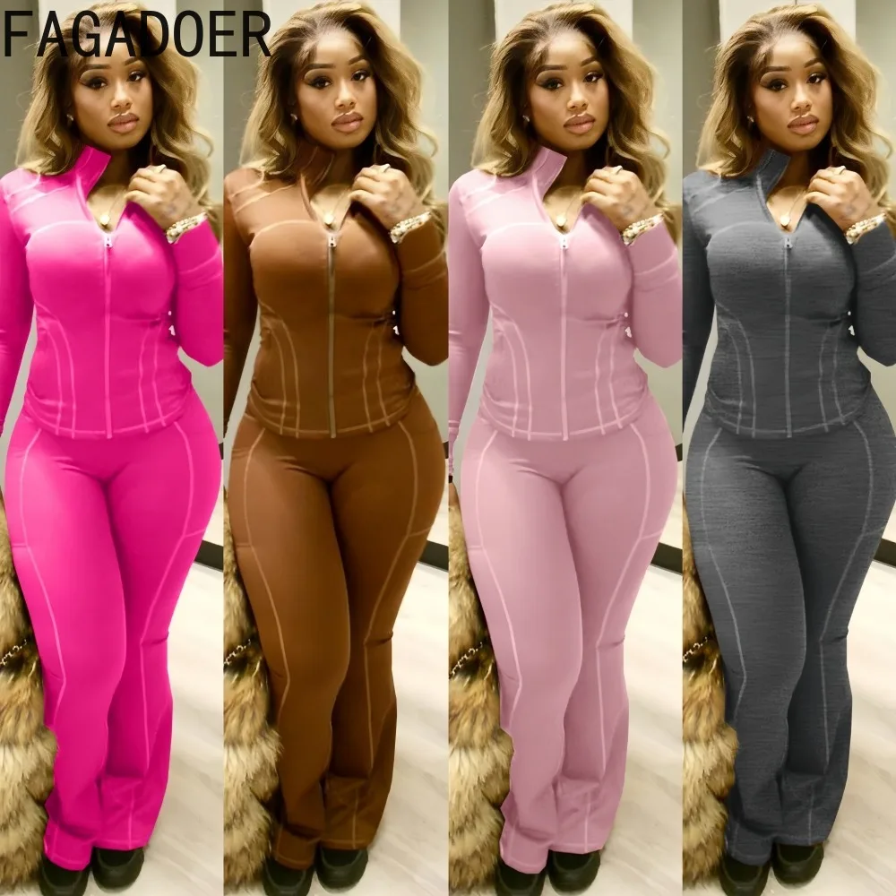 

FAGADOER Casual 2 Pieces Set for Woman Outfits Solid Color Long Sleeves Stripe Patchwork Crop Top and Pants Female Streetwear