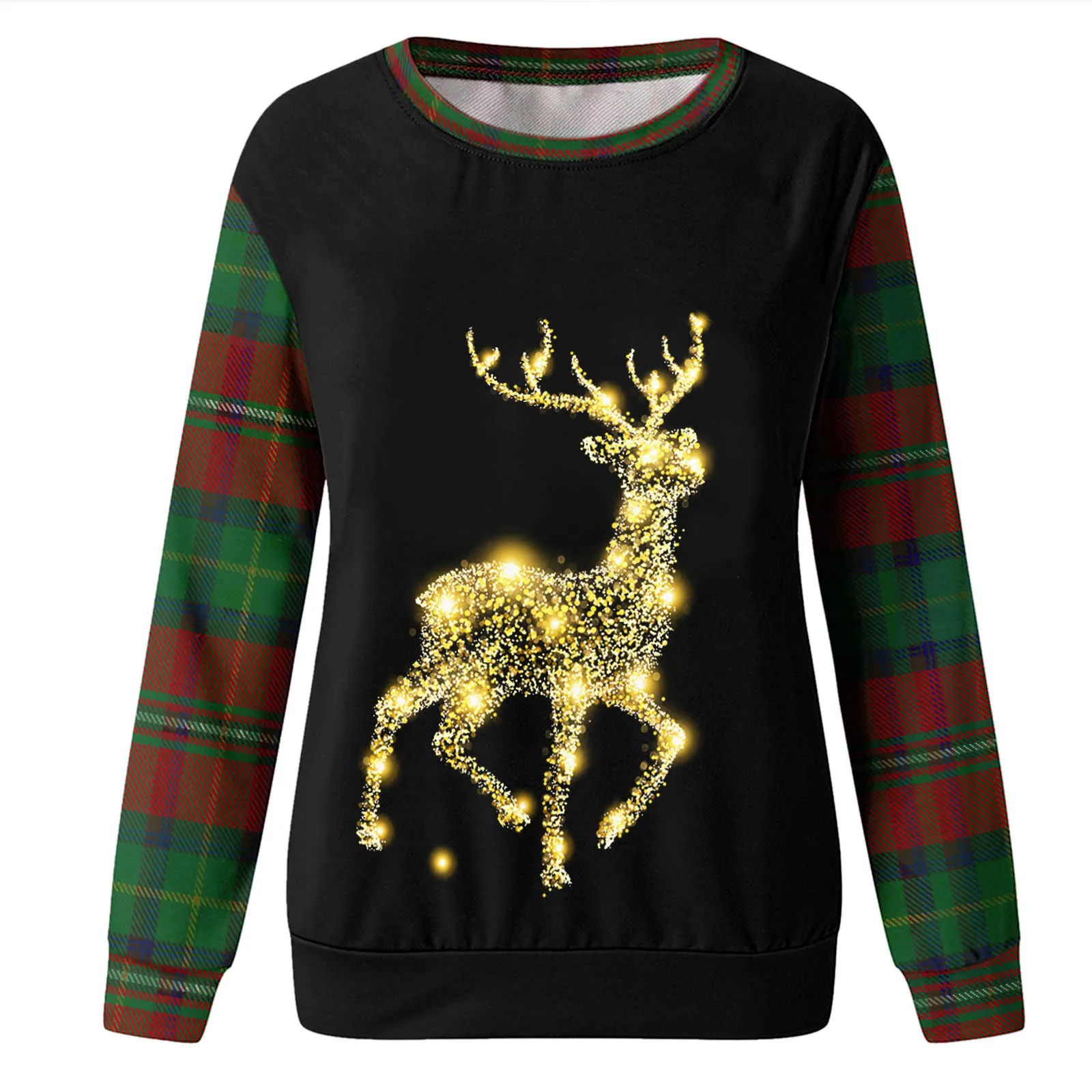 Vintage Plaid Print Long Sleeve Women Ugly Pullover Sweater Christmas Elk Pattern Loose Casual Sweatshirts Xmas Reindeer Clothes