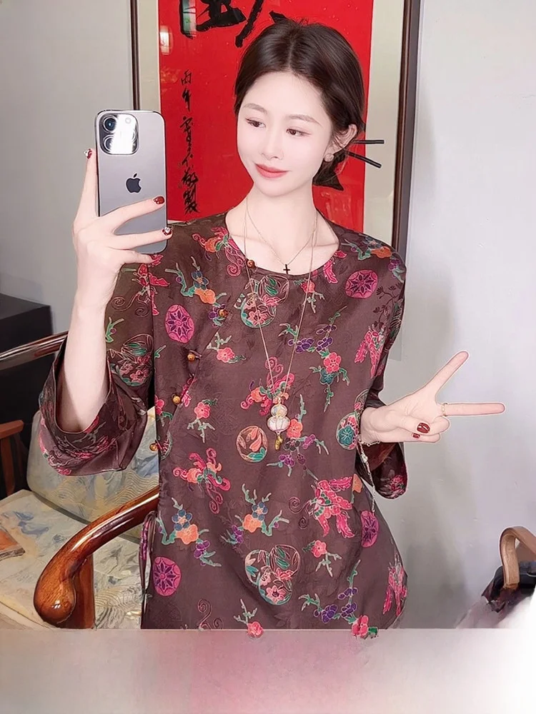 

Новая китайская шелковая блузка Xiangyun: красивая, с длинным рукавом, повседневная, прямого кроя, с цветочным узором, дышащая, женская.