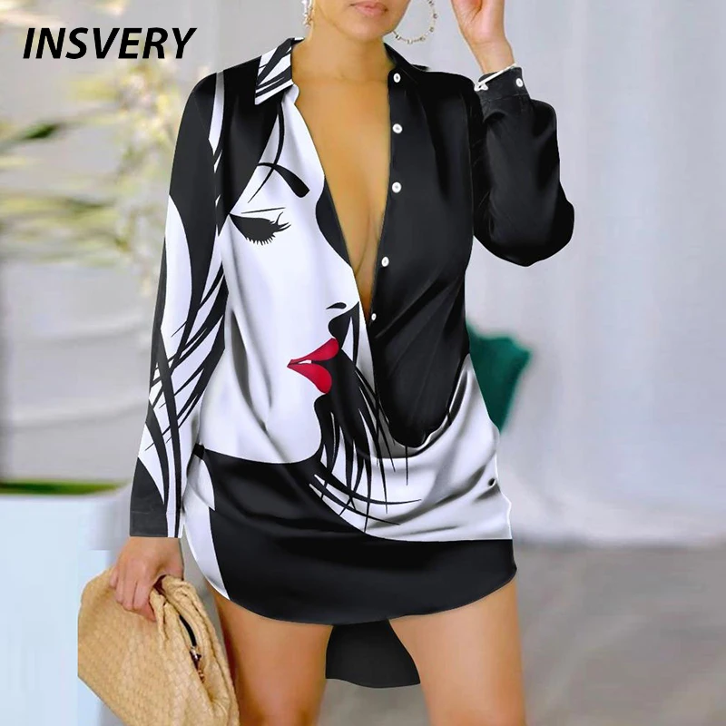 Women Long Sleeve Looss Shirt Dress Boho Turn Down Collar Vintage Print Club Party Dresses 2023 Casual Mini Dress