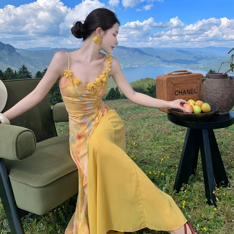 Women Monet's Garden Yellow Floral Tulle Bodycon Evening Dress Asymmetry Gown 3D Flower Elegant Luxury Party Prom Vestidos Robe