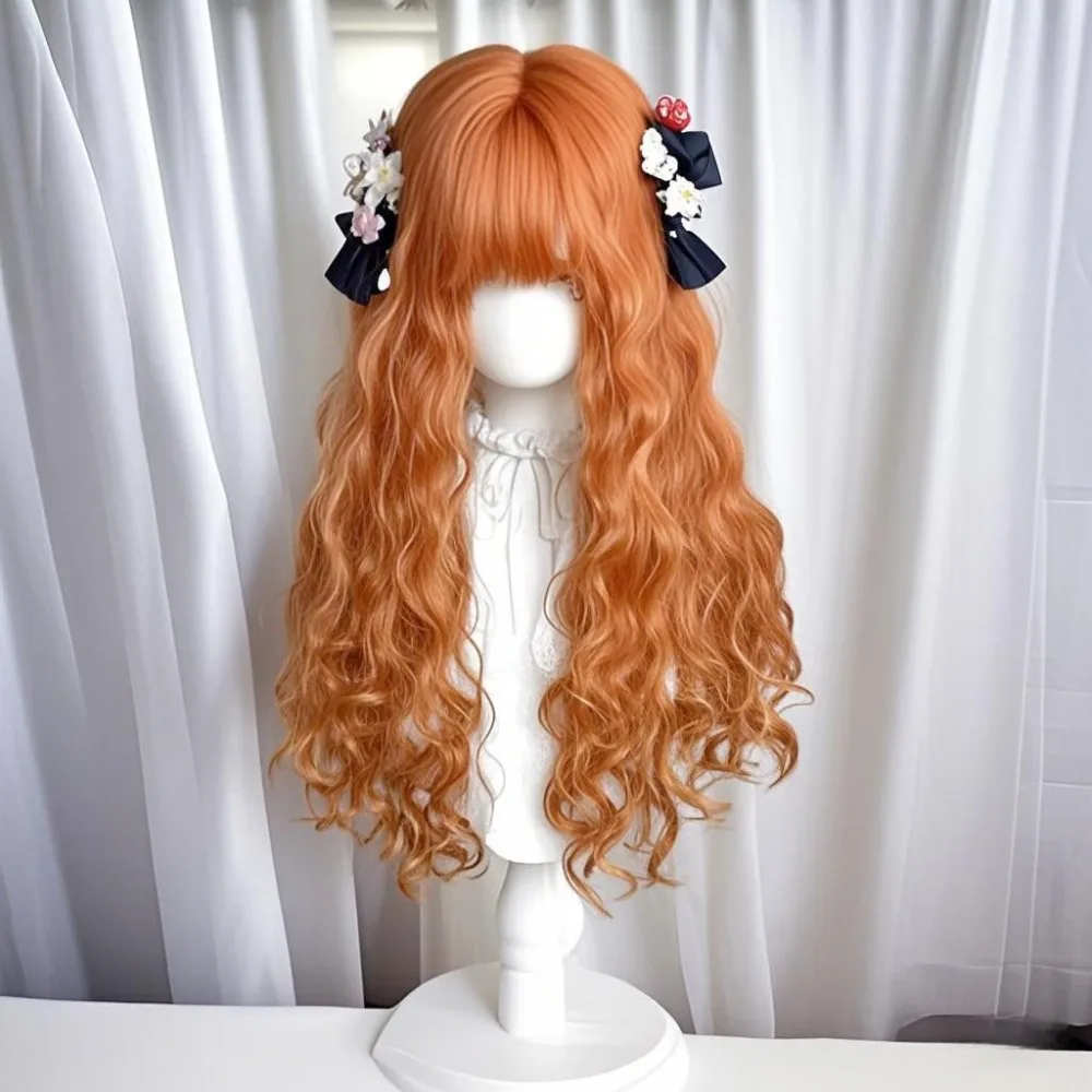 ‌Lolita Curly Wig - Sunset Ember Orange Wool Hair, Elegant Vintage Curls, Pumpkin Night Style Forest Fairy Long Hair for Cosplay