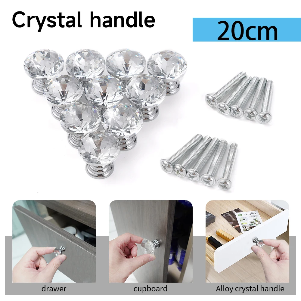 10Pcs/Set 20mm Diamond Shape Crystal Cabinet Pull Cupboard Drawer Knob Handle Kitchen Door Wardrobe Handles Furniture Hardware