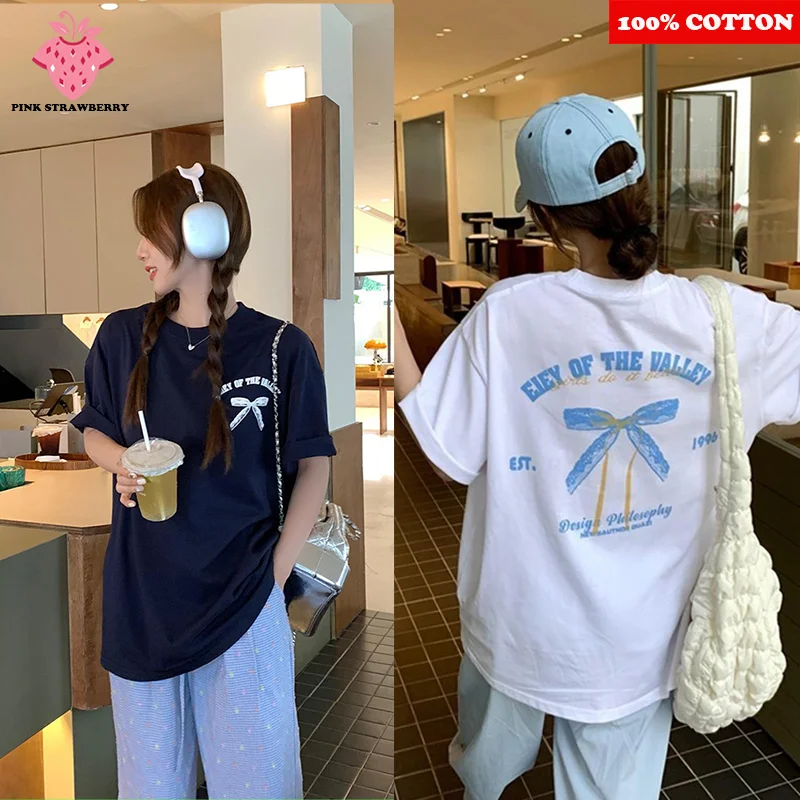 

Fashion Print 100% Cotton T-shirt Woman Summer New2025 Loose Comfort Casual Bow Pattern Short Sleeve T-shirt Top Female clothing