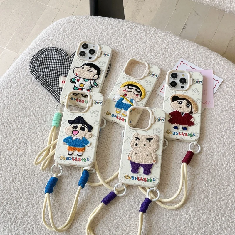 

Luxury embroidery Plush Cute Crayon Shin-chan leather Phone Case For iPhone 11 12 13 14 15 16 17 Pro Max fluffy Shin-chan Cover