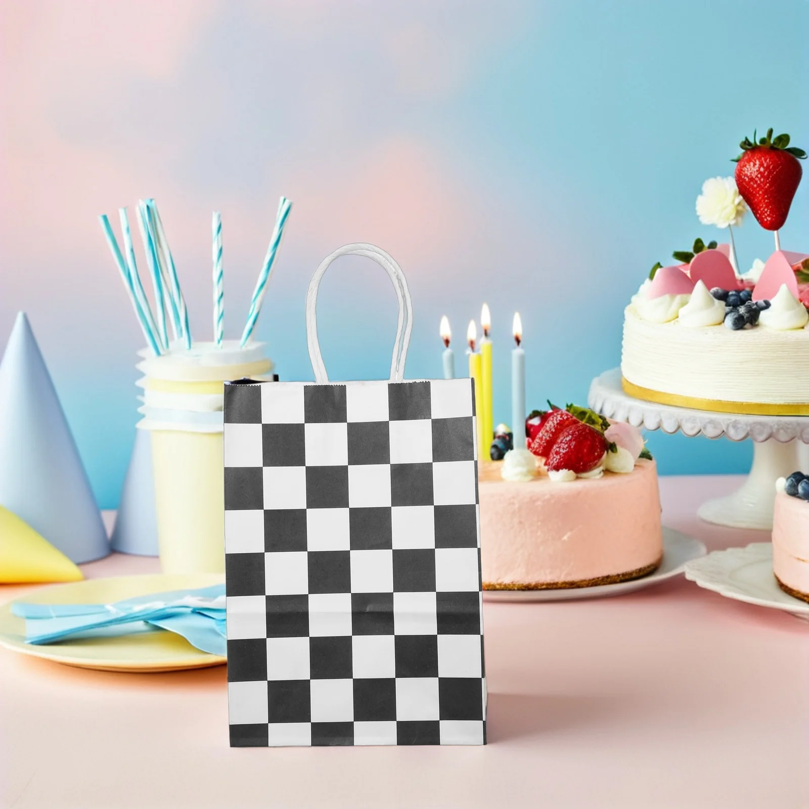 

24Pcs Black White Checkered Gift Bags Durable Reusable Treat Bags for Racing Party Favors and Decorations Race Car Themed Favors