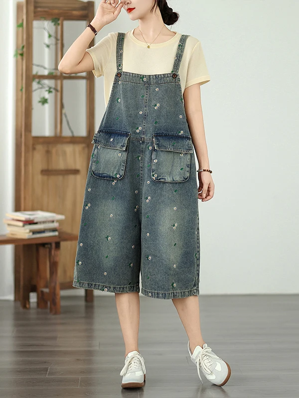 

Лето 202, новые свободные повседневные джинсовые комбинезоны с вышивкой, большие размеры, прямые брюки Personali Faion, пять четвертей