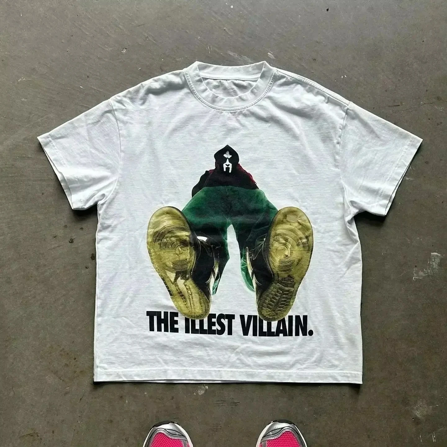Vintage Hip‑Hop Top‑Down View Figure Footwear Graphic Polyester T‑Shirt Crew Neck Short Sleeve Mesh Street Unisex Summer Top