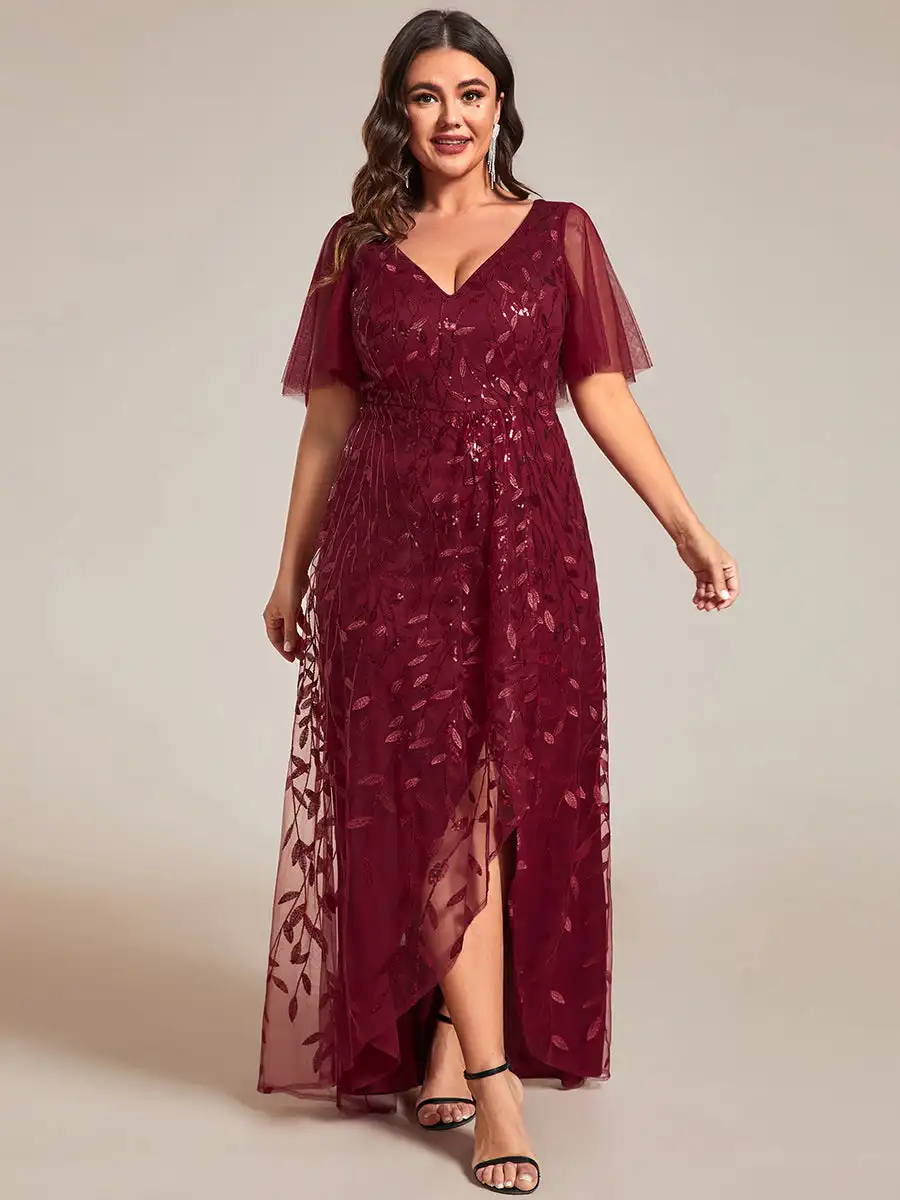 

Plus size Evening Dresses Sequin Mesh High Low V-Neck Midi Short Sleeves 2024 BAZIIINGAAA of Sequin Burgundy Bridesmaid Dress