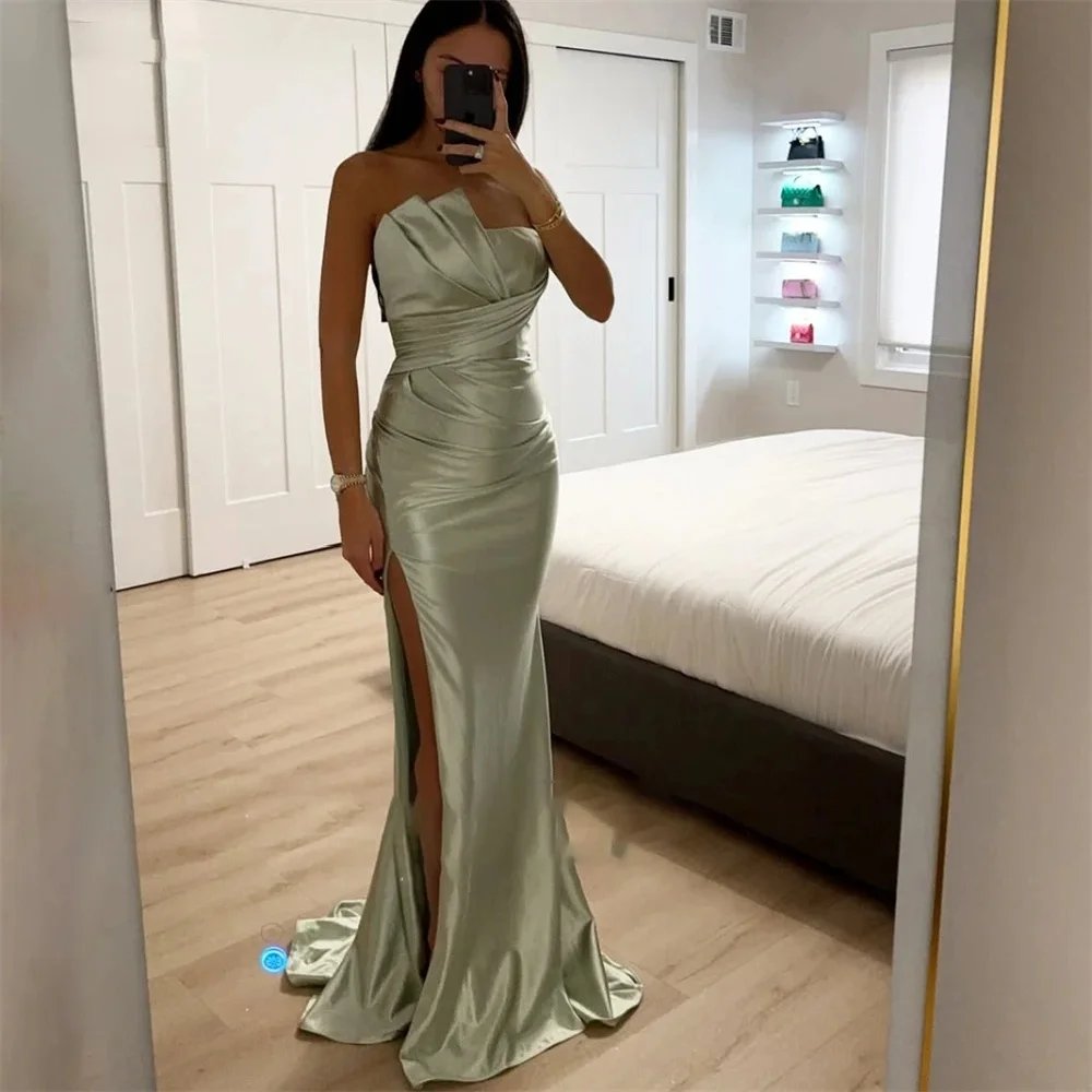 Satin Mermaid Pleated Evening Dresses Sleeveless Ruffles Strapless Prom Dress Backless High Side Slit Party Gown Customized 2025