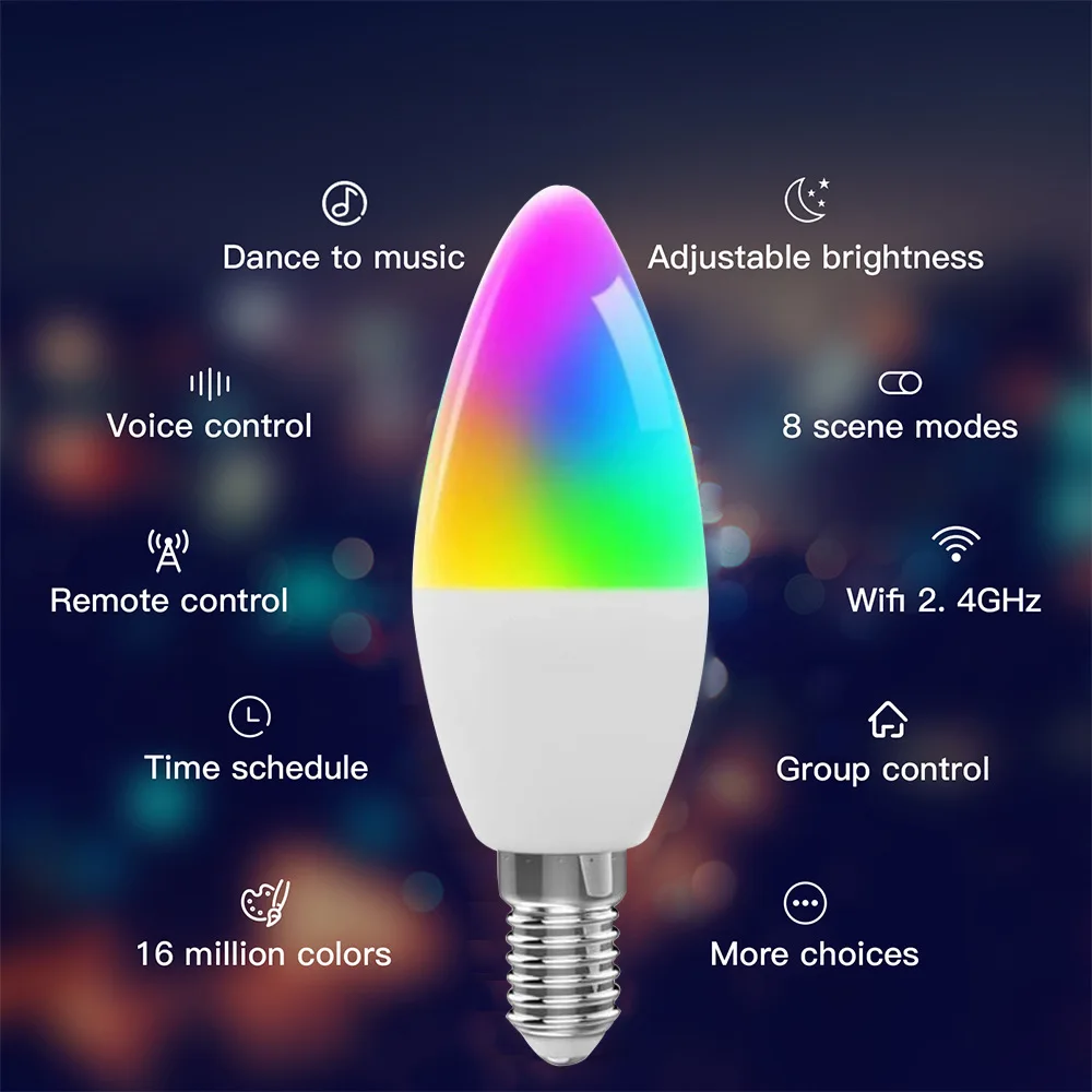 Tuya-E14 Lâmpada Smart Candle, Lâmpada LED regulável, WiFi, Bluetooth, RGB, APP Smart Life, Controle de Voz, Google Home, Alexa, 5W