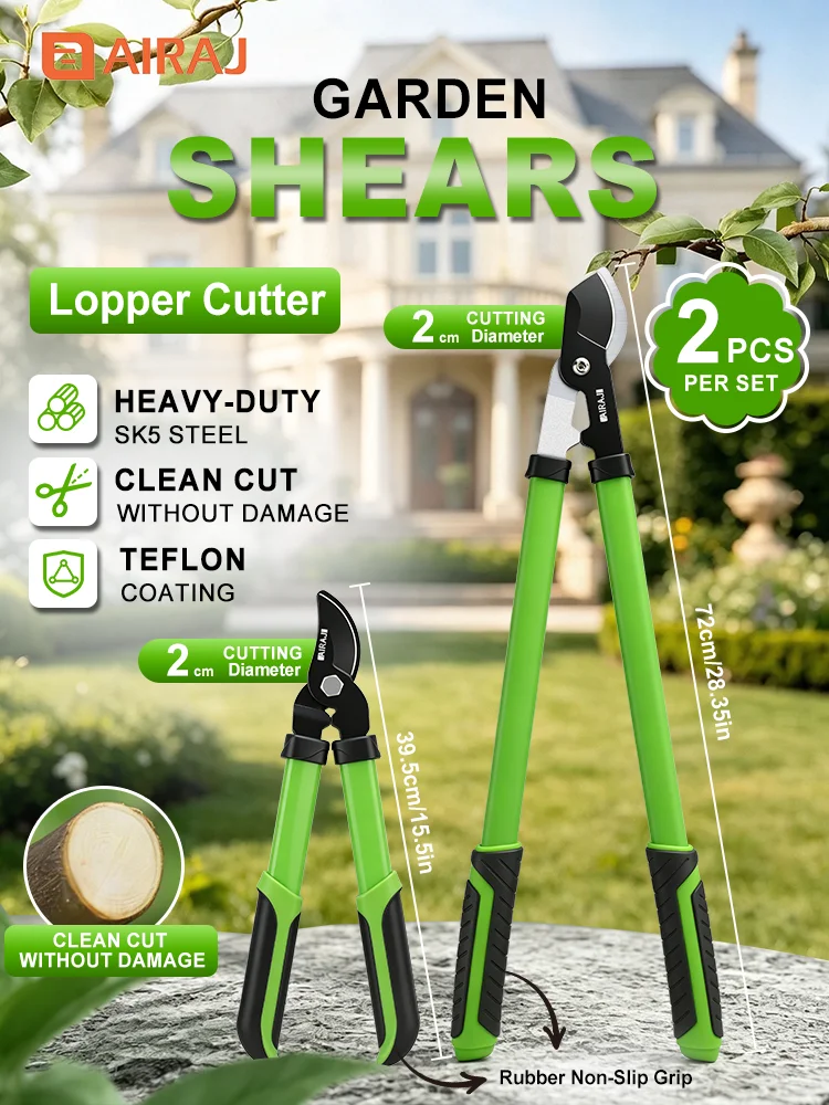 AIRAJ 2Pcs Long&Short Pruning Shears, SK5 Teflon Coated Garden Shears, Max 2cm Cut, Rust‑proof Anti‑slip Gardening Tool