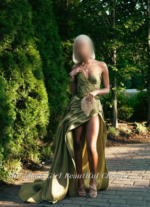 

Olive Green Sweetheart Prom Dress Customized Sleeveless Asymmetric Satin Pleated Floor Length Evening Party Dress Strapless