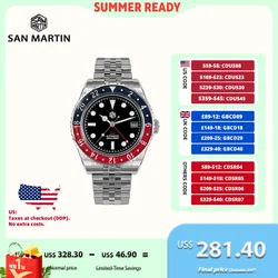 San Martin 40mm NH34 GMT Diver's Watch For Men Sapphire Bezel Jubilee Bracelet On The Fly Adjust Clasp 20Bar Saat Erkek SN0005B