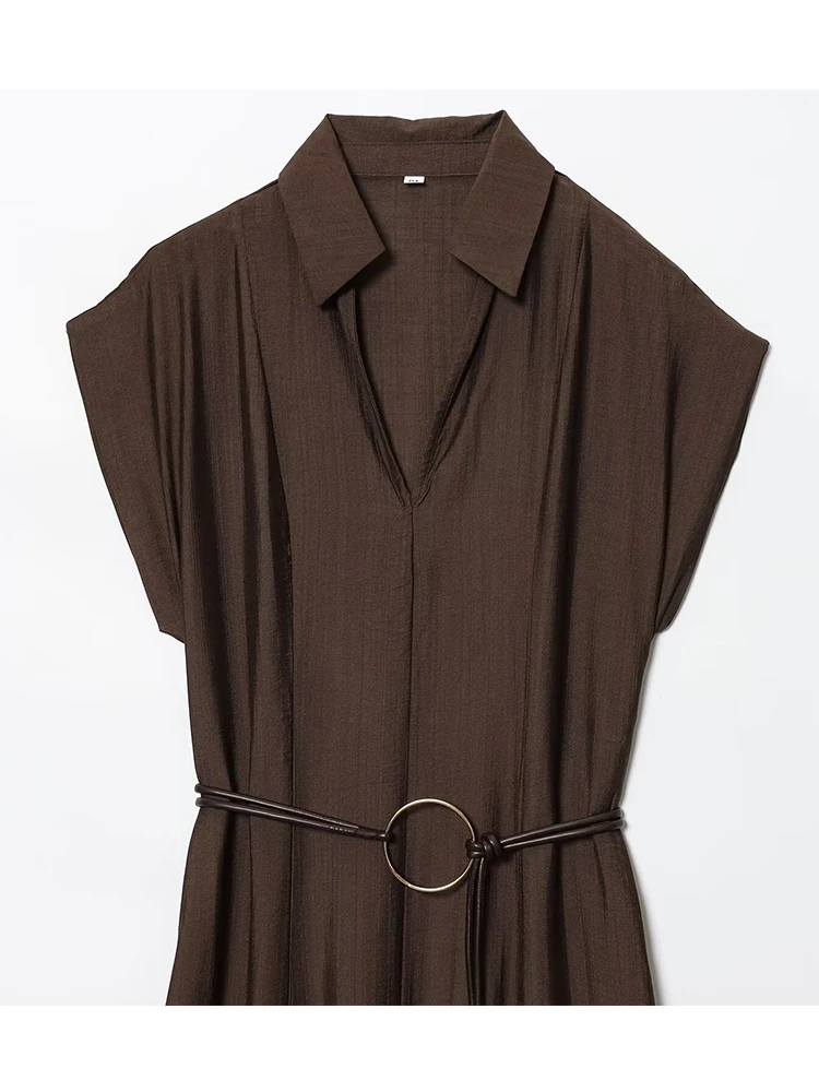 Femmes robe Sexy 2025 été automne nouveau sans manches col en v rides avec ceinture robe femmes mode élégante robe de soirée