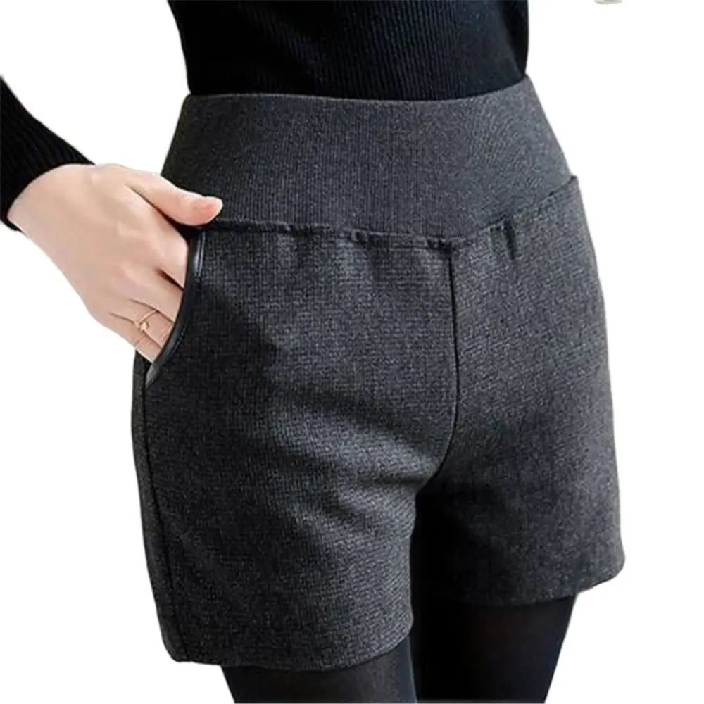 Lady Casual Pocket Winter  Solid Shorts Woman Hot Sale Spring Autumn High Elastic Waist Straight Thick Slim Short