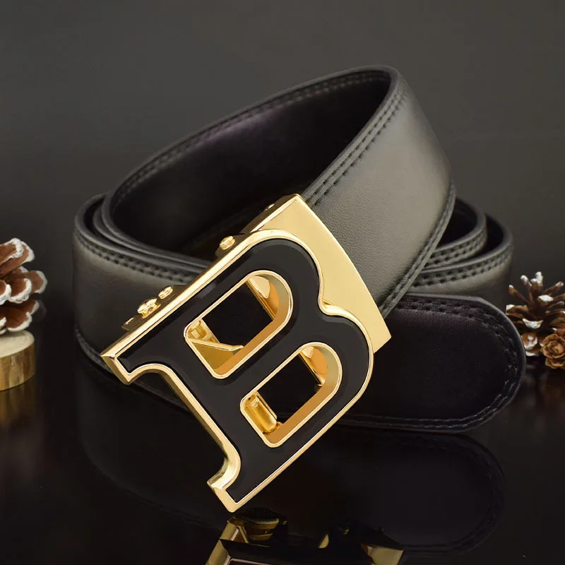 3.5cm High-quality Men\'s Belt Business Casual B Automatic Buckle Leather Two-layer Cowhide All-match Suit Belt for Men