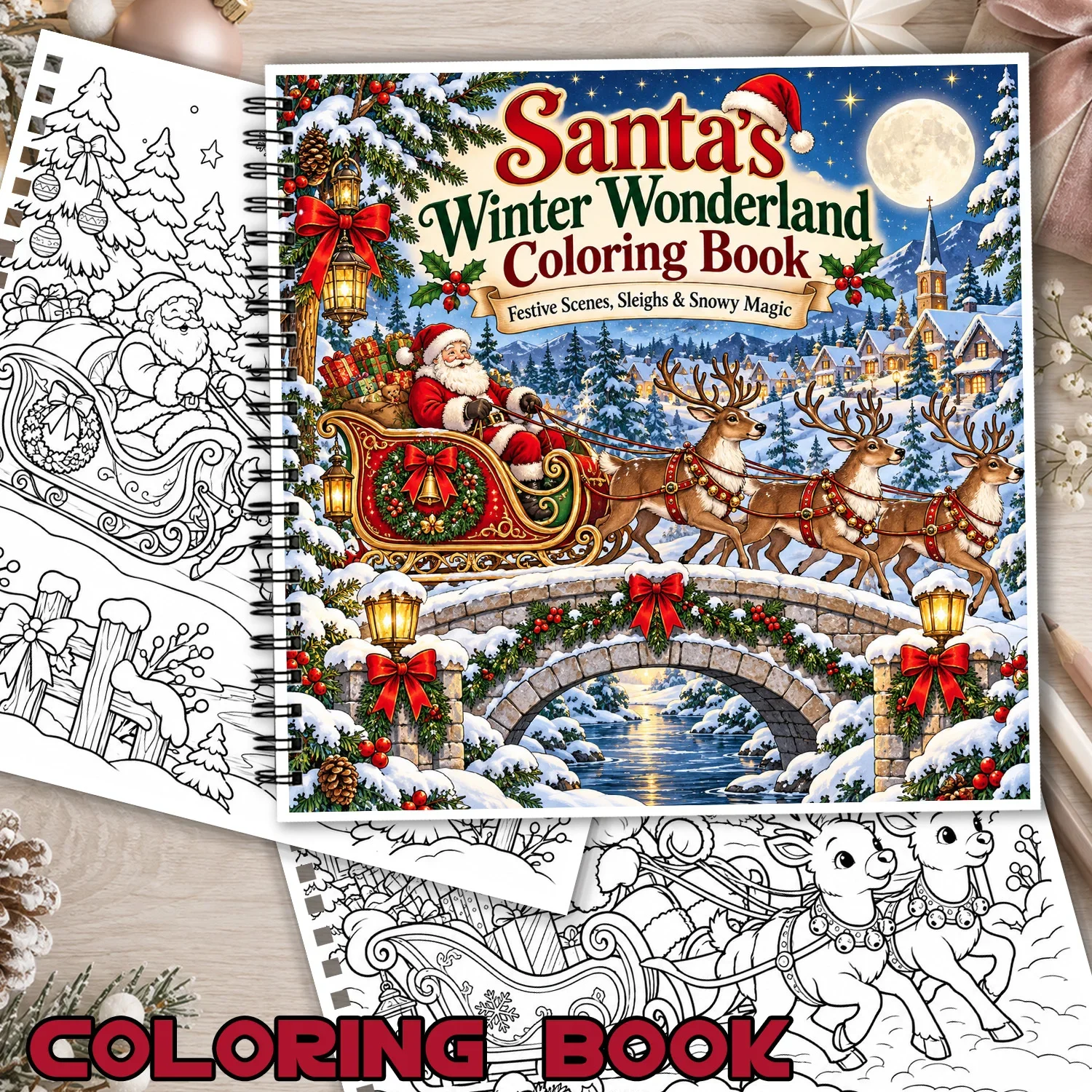 Coloring Book Santa's Winter Wonderland Spiral Bound 24Sheets Showcasing Creativity & Relieving Stress Festive Sleigh Scenes