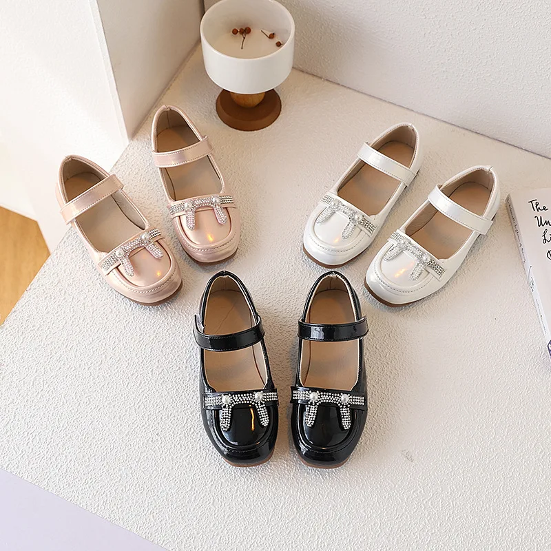 Spring Autumn Children Princess Shoes School Uniform Versatile Girls Black Shoes Fashion Chic Rhinestone Kids Leather Shoes
