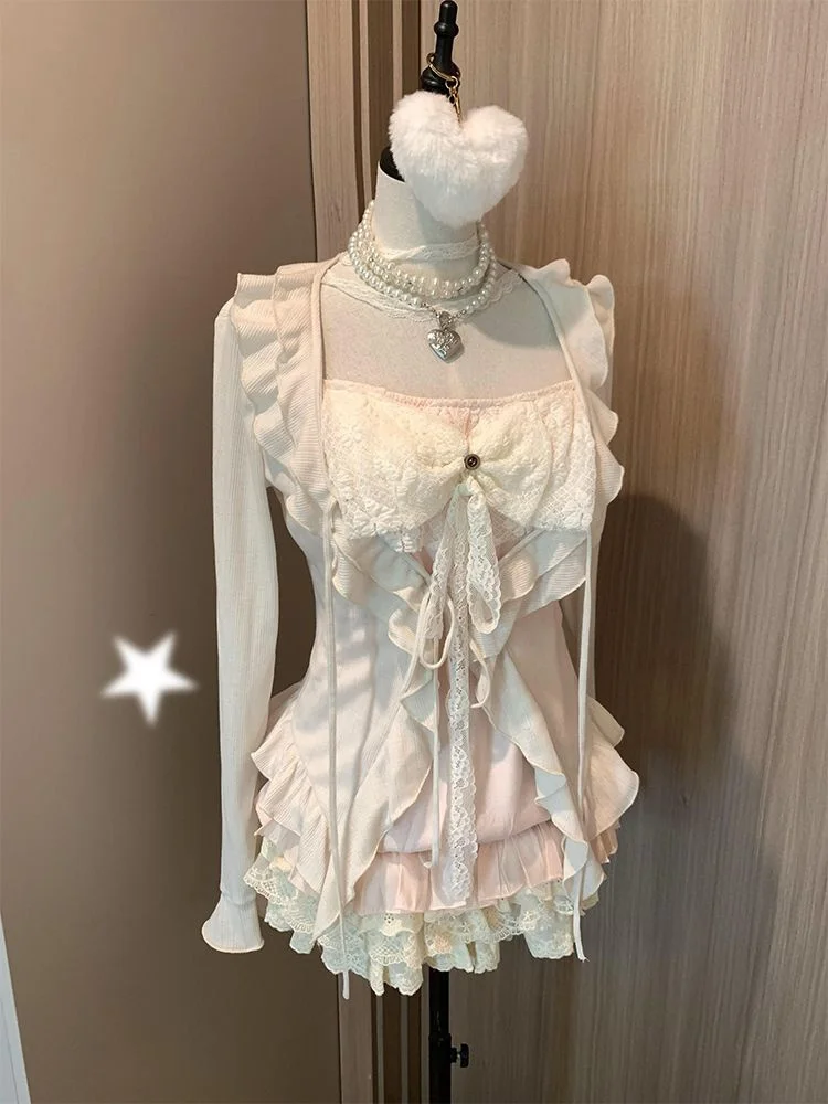Vintage Long Sleeve Open Cardigan  Knot Strap Vest Ballet Style Half Skirt Three Piece Set Women Sweet Style Autumn ...