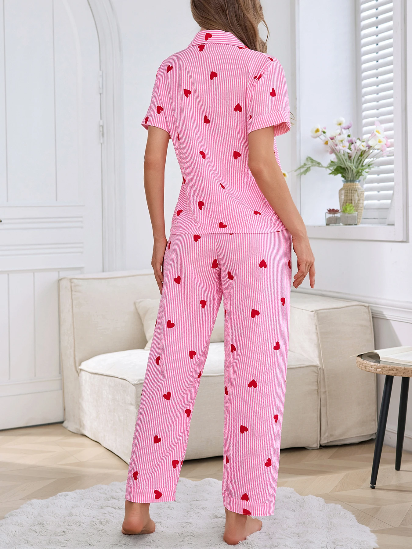 Spring Summer Autumn Winter Women's 2-piece Sweet Striped Heart Patterned Flowered Shirt Short Sleeve Pants Homewear Sleeping Su